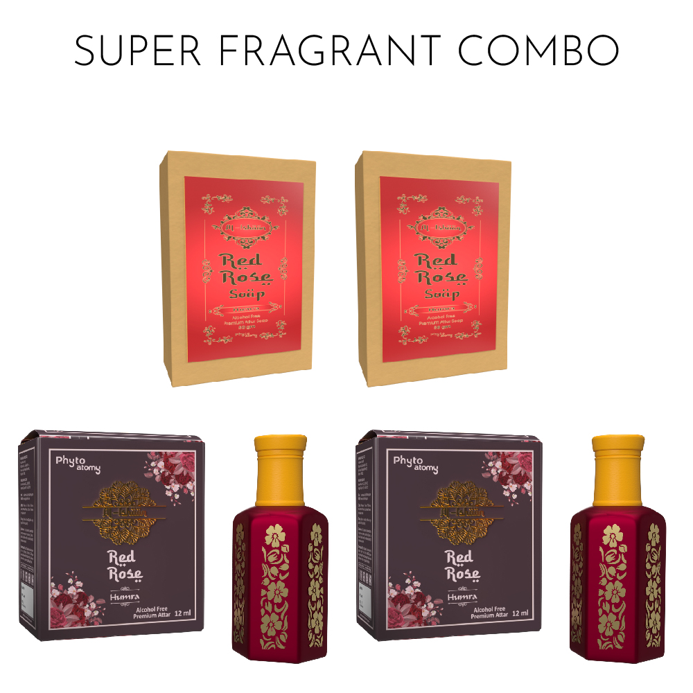 Two Bottles of Al Ishan Red Rose Attar (12ml) + Two Soaps of Al Ishan Red Rose Attar (50g)